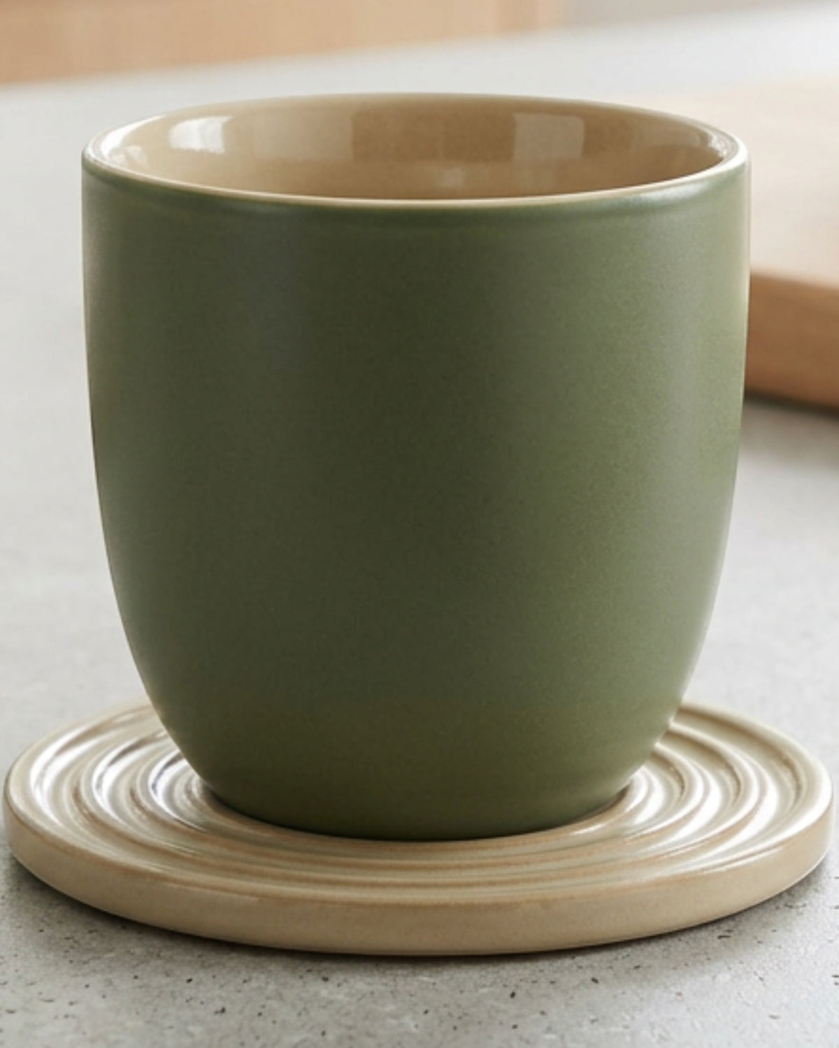 Kpbxg Wide-Rim Ceramic Water Cup with Grooved Coaster 11 oz Moss Sand - Lifestyle view